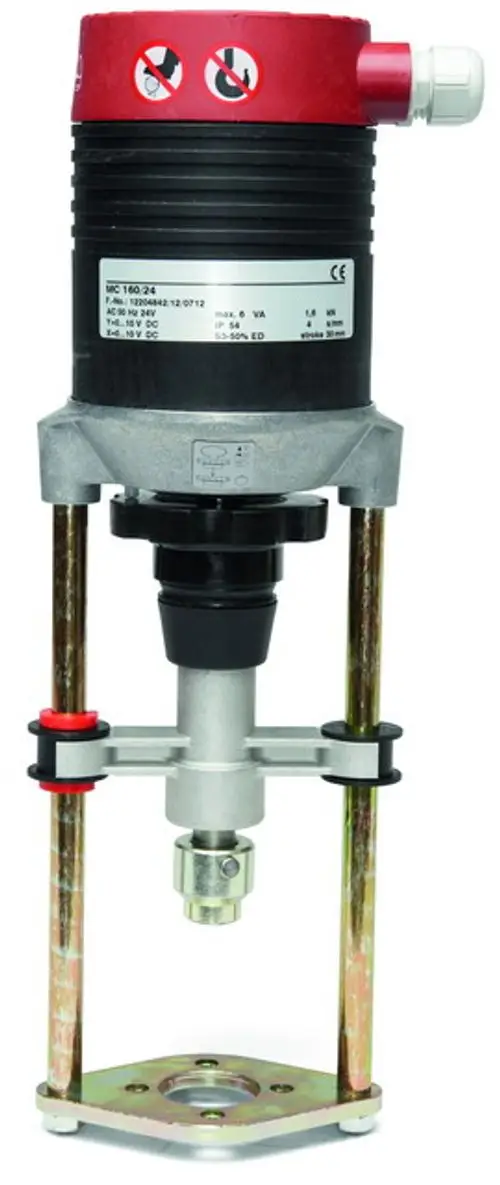 Stellmotor von IMI Hydronic Engineering mit einer roten Oberseite, einem runden Gehäuse und Montagesockel, ausgestattet mit elektrischen Anschlüssen und einstellbarem Stößel.